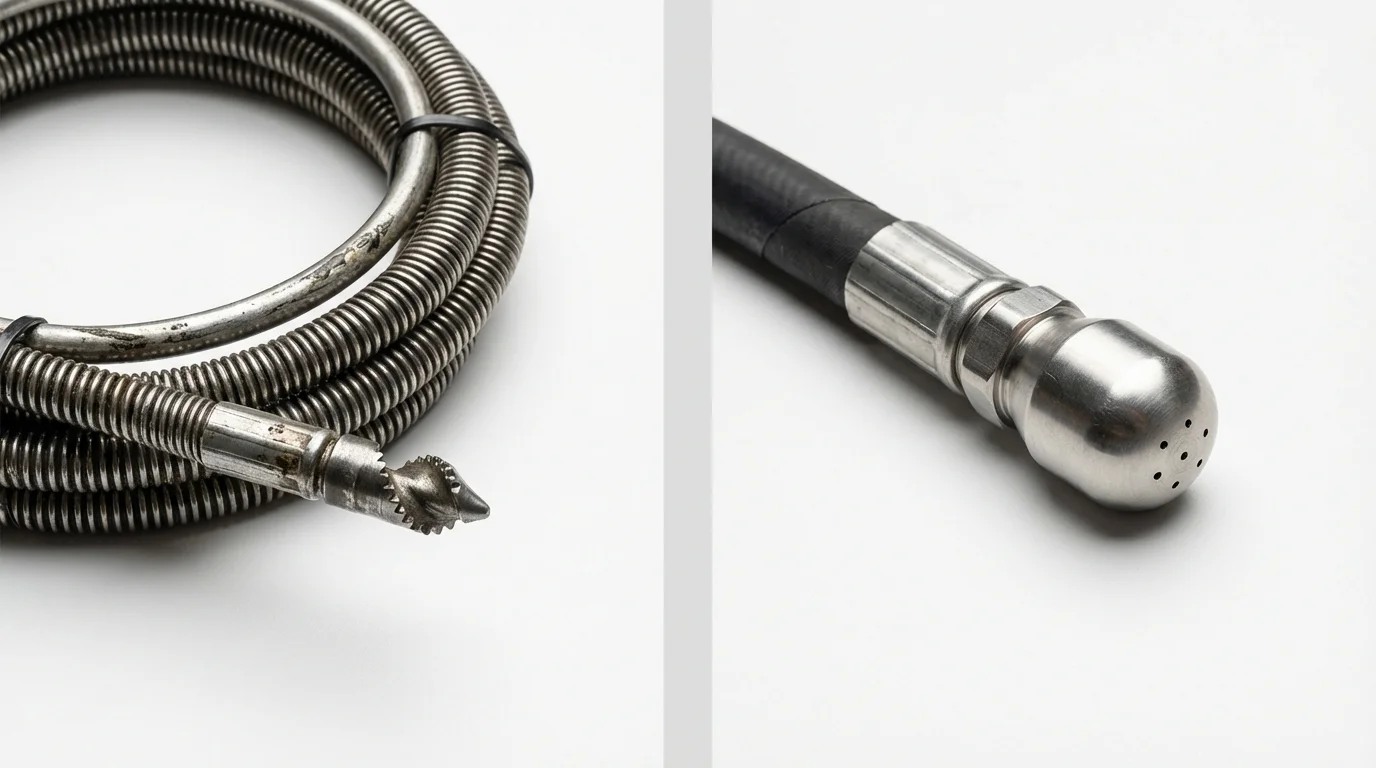 Drain snake cable and hydro jetting nozzle used for drain cleaning in Elmhurst, IL