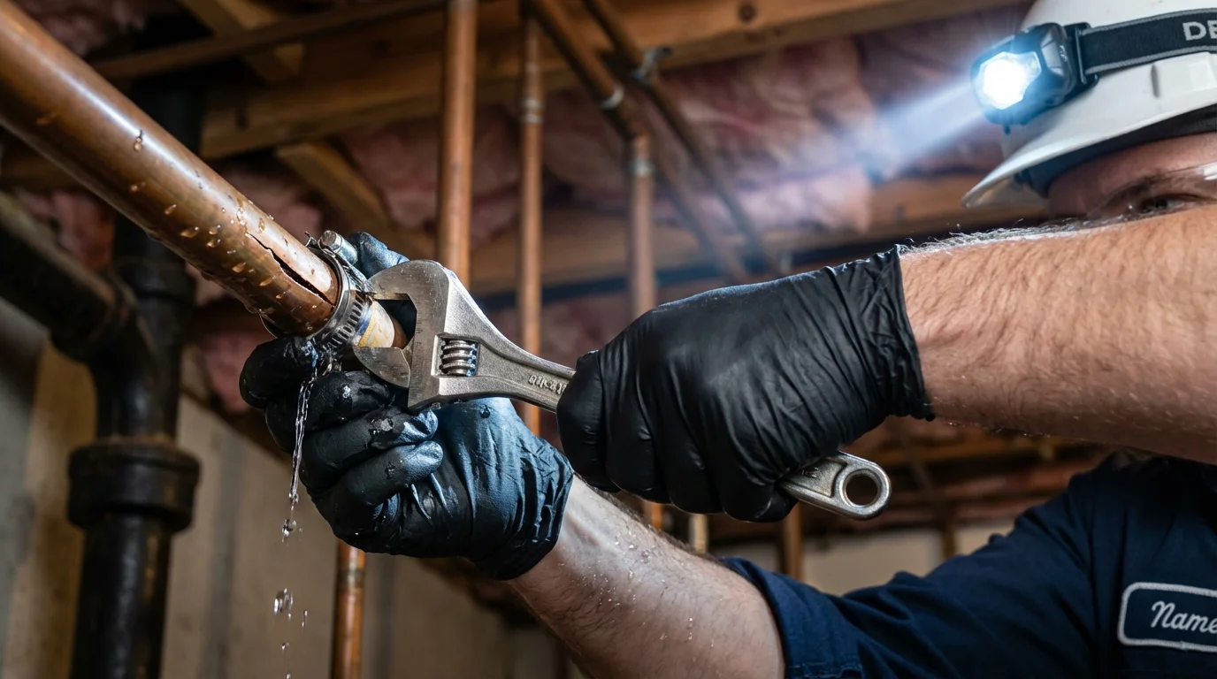 Emergency pipe clamp repair being performed by a Johns Plumbing LLC plumber in Elmhurst