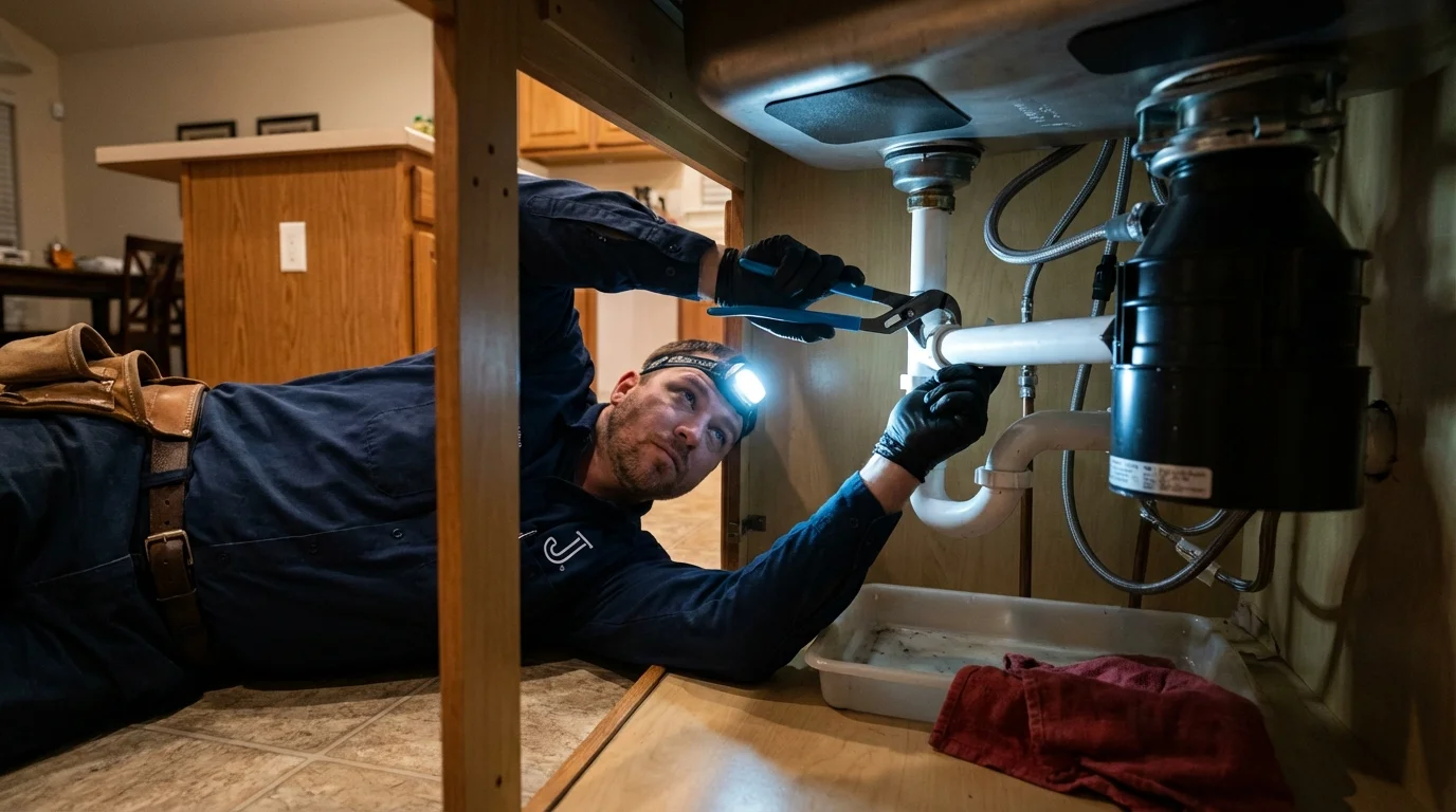 P-trap and supply line connections under a kitchen sink showing a common leak point in Elmhurst, IL